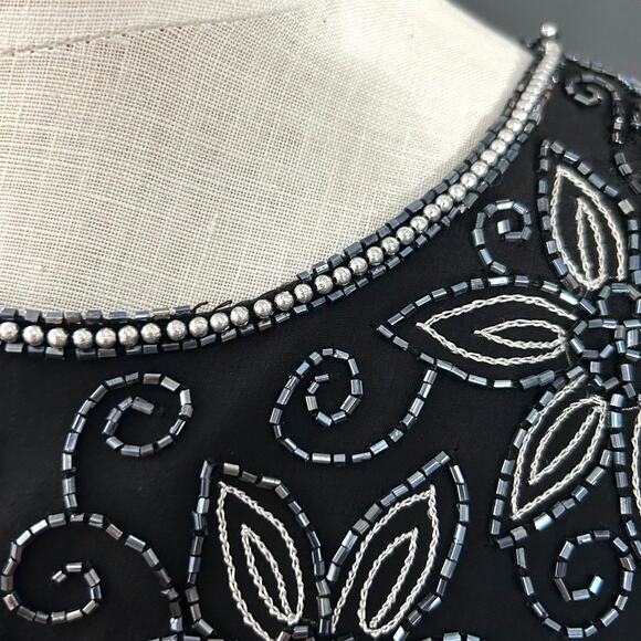 Adrianna Papell Silk Beaded Top L Black Evening Cocktail Scalloped Hem Formal - Picture 8 of 16